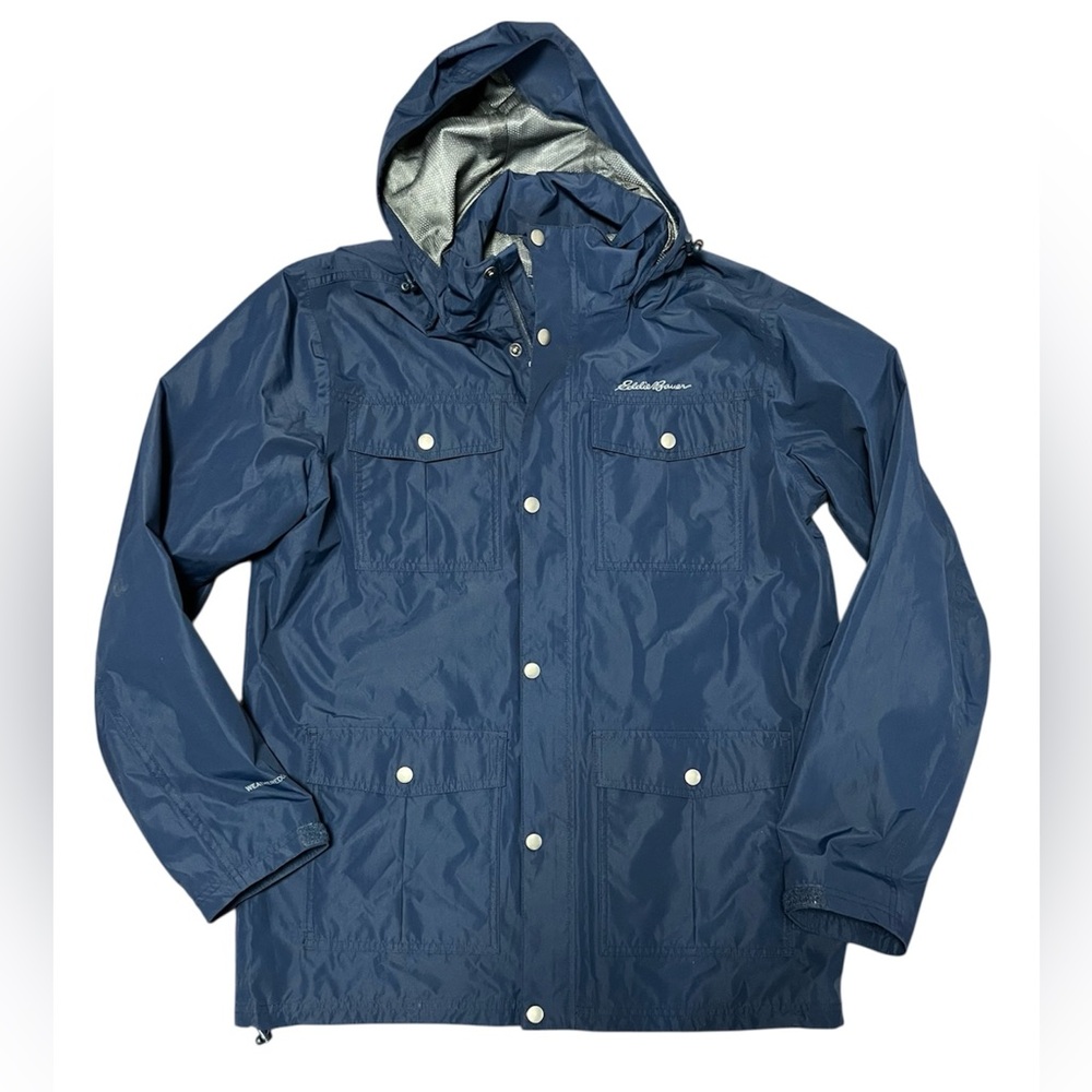 Eddie Bauer WeatherEdge Rain Jacket Mens Medium Blue Hooded Waterproof